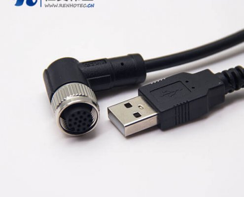 m12母頭彎式17芯工業防水直式公頭不帶屏蔽A編碼插頭轉USB2.01M AWG26