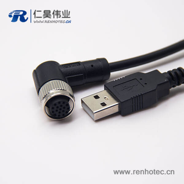 m12母頭彎式17芯工業防水直式公頭不帶屏蔽A編碼插頭轉USB2.01M AWG26